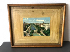 Framed vintage cork-backed wooden tray, photo of Dusseldorf, Konigsallee