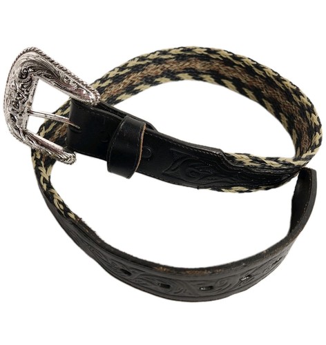 Vtg 3D BELT Braid Horse Hair Style Black Tooled Leather Silver Tone Buckle 30 - Picture 3 of 14