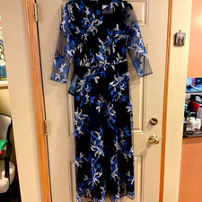 JS Collection Women Blue Sz 6 Floral Long Sleeve Lined Gown