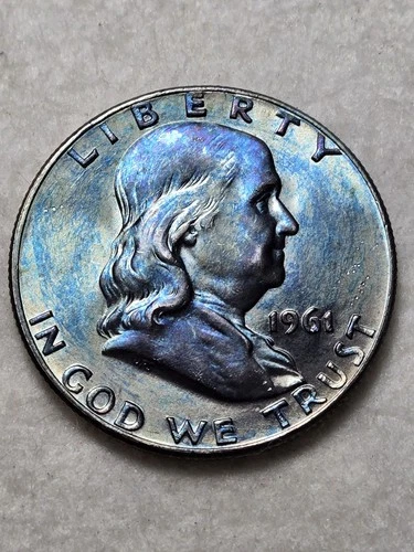 1961 D Franklin Half Dollar 90% Silver Unc Detailed Toned
