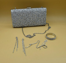 Silver Rhinestone Studded Evening Clutch Bag w/ Chain Strap Jewerly Set