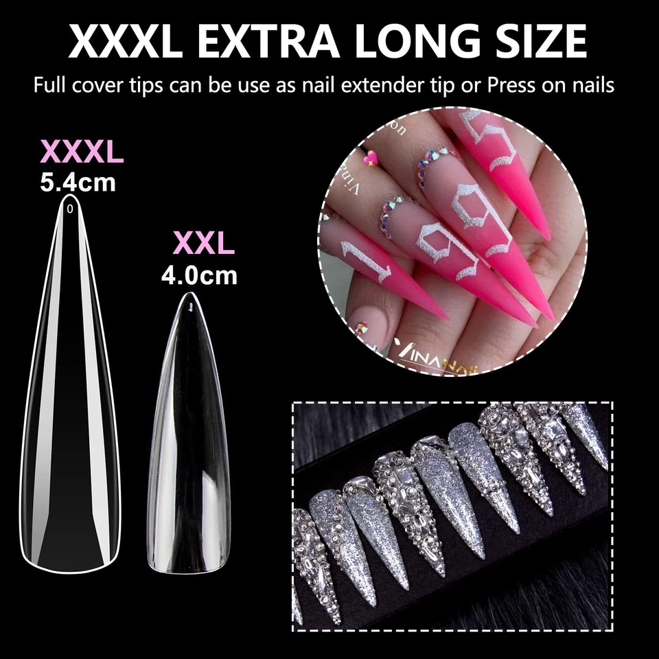 INENK No C Curve XXL Stiletto Ataúd Puntas de Uñas 400 Piezas Acrílico Transparente 10 Tamaños Foto 3 de 4