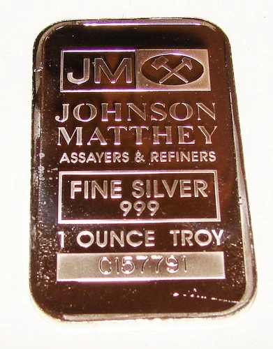 JM Johnson Matthey Vintage Silver Bar 1 OZ Troy Ounce .999 Bullion C157791