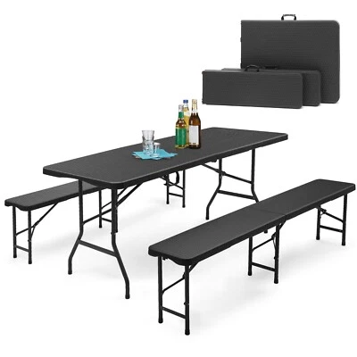 3-teilig Bierzeltgarnitur 180cm Tisch+ 2x Bierbank Festzeltgarnitur Rattan-Optik - Bild 1 von 4