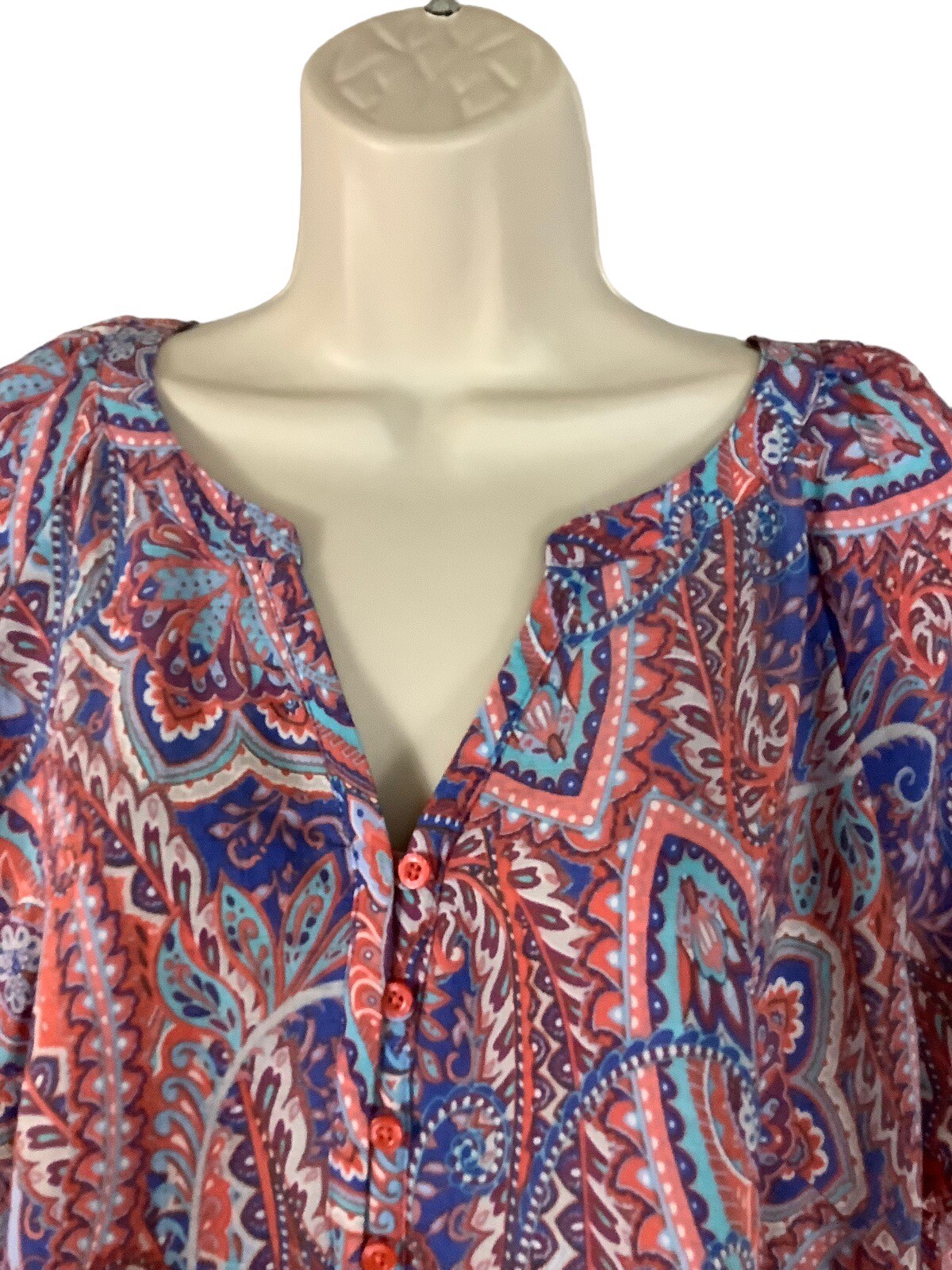 Gllty Kim Rogers Womens Blouse Short Cap Sleeves V-Neck 1/3 Button Peasant | eBay