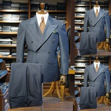 Gray Pinstripes Men's Suits 2Pcs Business Formal Wide Peak Lapel Wedding Tuxedos