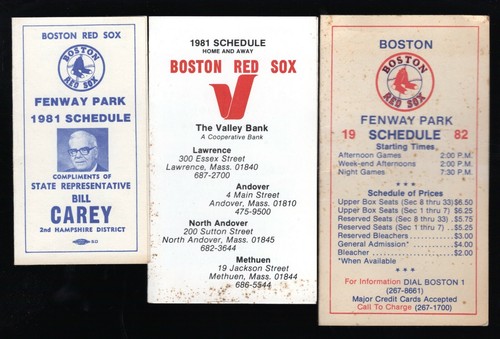 3 Different 1981 &amp; 1982 Boston Red Sox Pocket Schedules Fenway Park | eBay