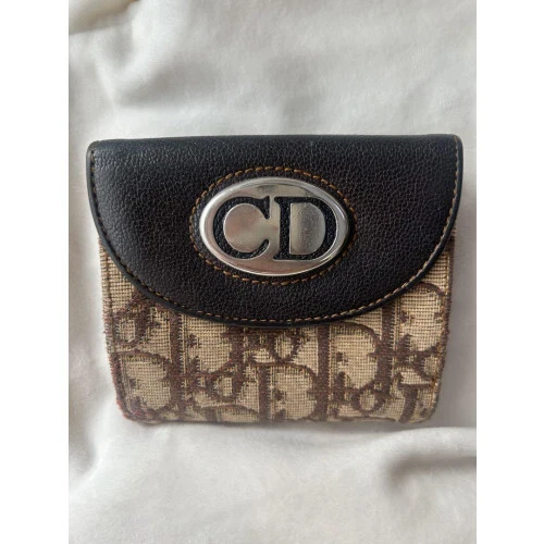 Portefeuille compact Christian Dior trotteur toile cuir double pli marron 2444