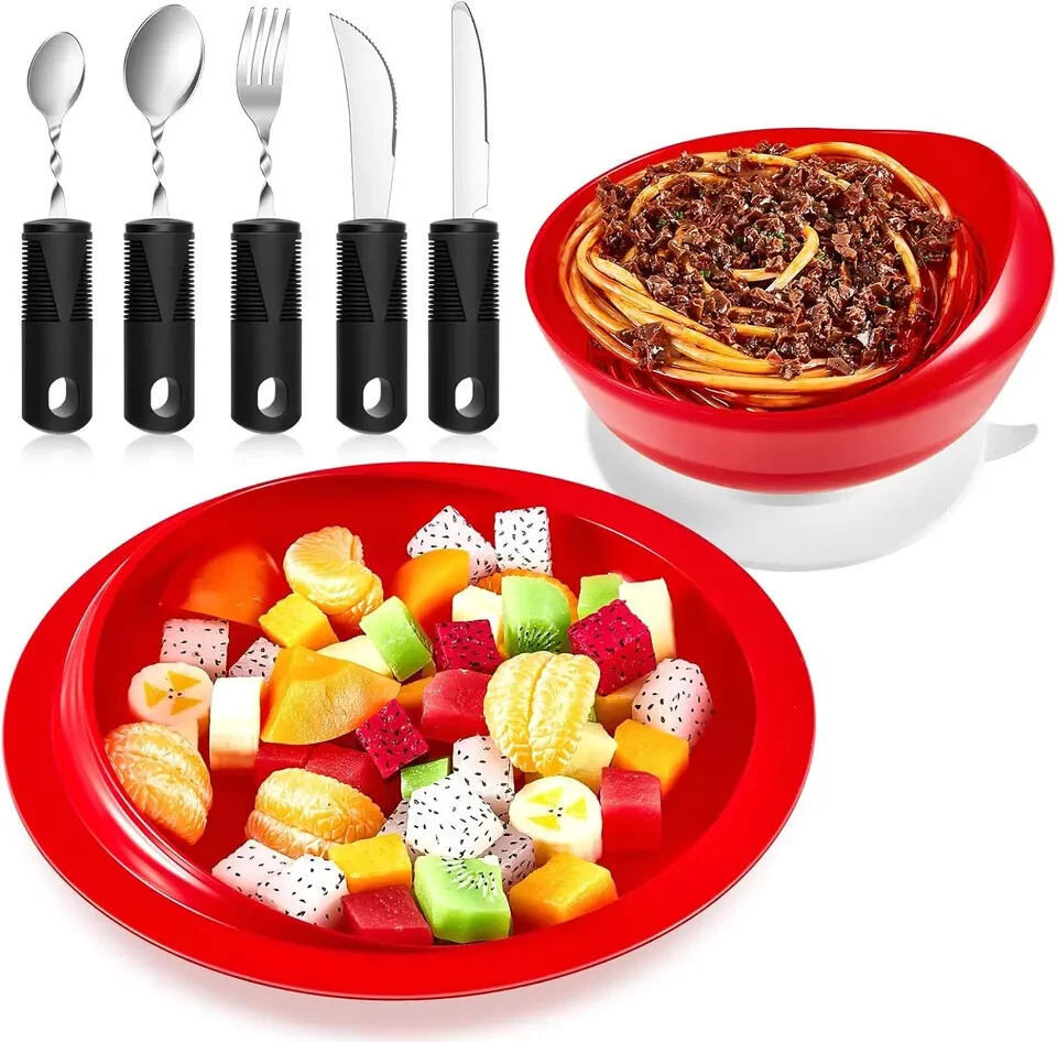 2 Sets Adaptive Utensils for Elderly Bowl and Plate Set Adaptive Self Feeding