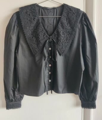 Rokh Lace Oversize Collar Button Front&Back Black Cotton Shirt Size S