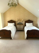 TWO Antique Style Carved Wooden Single Beds incl Mattresses & Bedding