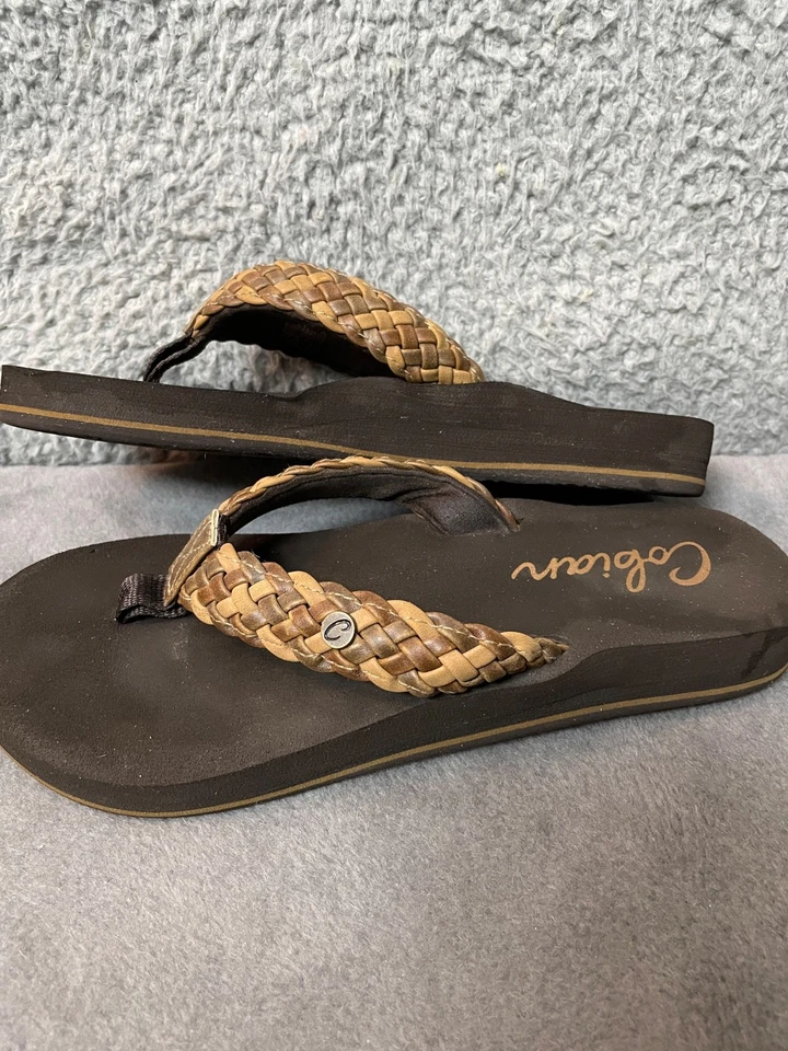 Sandalias Cobian Chanclas Mujer 8 Tangas Marrón Trenzado Rebote Imitación Cuero Foto 2 de 4