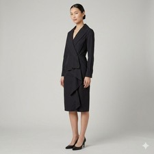 Max Mara Black Cotton Draped Shawl Collar Long Sleeve Ruffle Wrap Dress Sz 10