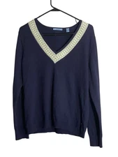 IZOD Sweater Large V-Neck Long Sleeve Lightweight Cotton Angora Preppy Academia