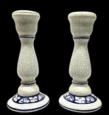 Vtg 1997 Potting Shed Pottery Blue Bunny Signed Candle Holders 6” Crackle Glaze