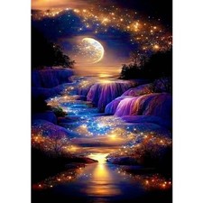 Waterfall Landscape Diamond Art Kits For Adults,DIY Moonlight Diamond Paintin...
