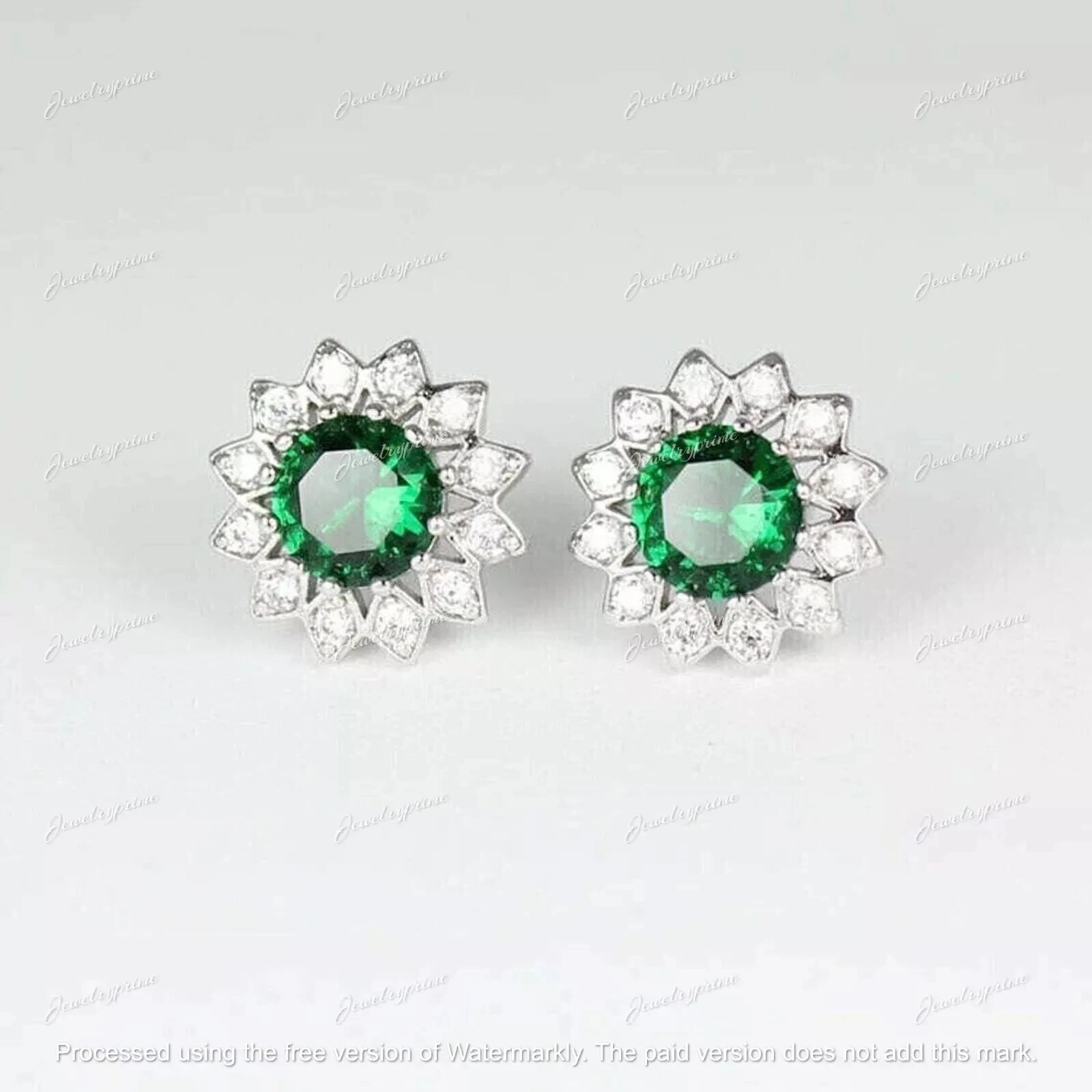 Halo Stud Earrings 3Ct Round Cut Lab Created Green Emerald 14k White Gold Plated