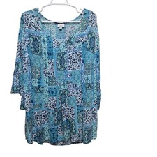 Top túnica boho retazos manga campana azul viscosa Avenue para mujer talla 20