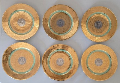 Set Of 6 Vtg. Victoria Czech 10'' Porcelain Dinner Plates w/24K Gold & Platinum