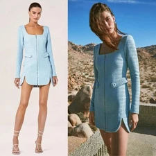 Alexis Elvire Tweed Mini Dress Light Blue Cotton Long Sleeve Zip Front M