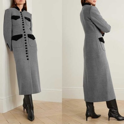 Ladies Retro Coat Long Stand Collar Single Breasted With Contrast Pockets Fitted