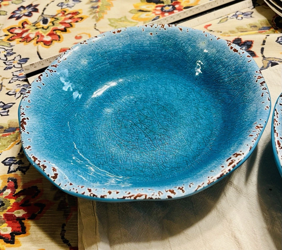"2 tazones Pier 1 Imports azul carmelo craquelado melamina 9"" pasta sopa postre" Foto 2 de 3