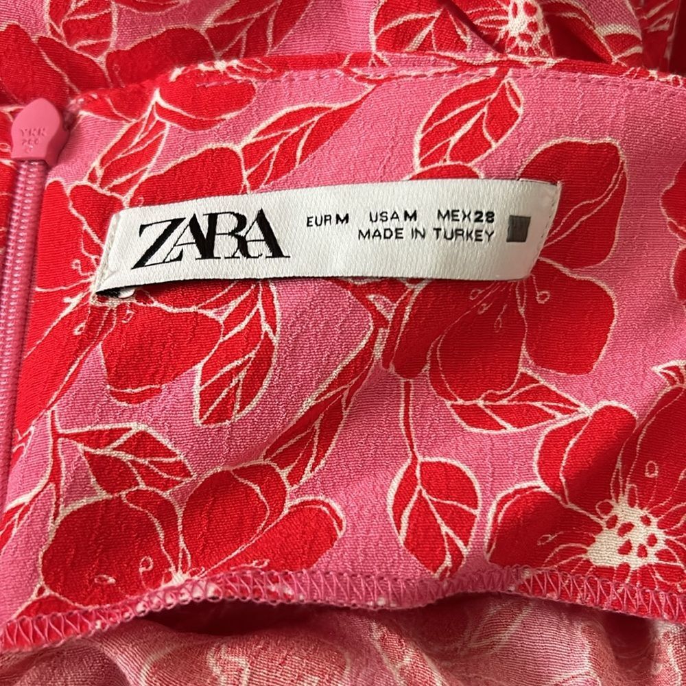 Zara Women's Pink Red Floral Ruched Body-con Mini Dress Sz Med Valentine’s Day thumbnail 11
