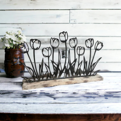 Spring Tulip Metal Stand Floral Tip Toe Row of Tulips Flower Rustic Farmhouse