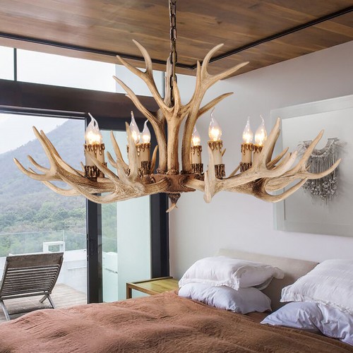 Rustic Antler Chandelier 8/10 Light Large Resin Deer Antler Pendant Hanging Lamp - Picture 2 of 12