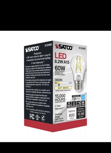 Satco 8.2w LED Bulb A15 Clear Finish 3000K 90 CRI 120 Volt - 60w— 2 Pack-w1 - Picture 2 of 4