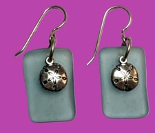 Lovely Sterling Silver Light Pastel Blue Ocean Sea Glass Sand Dollar Earrings
