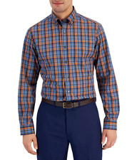 CLUB ROOM Men's Slim Fit 4-Way Stretch Plaid Dress Shirt Blue Orange Size S