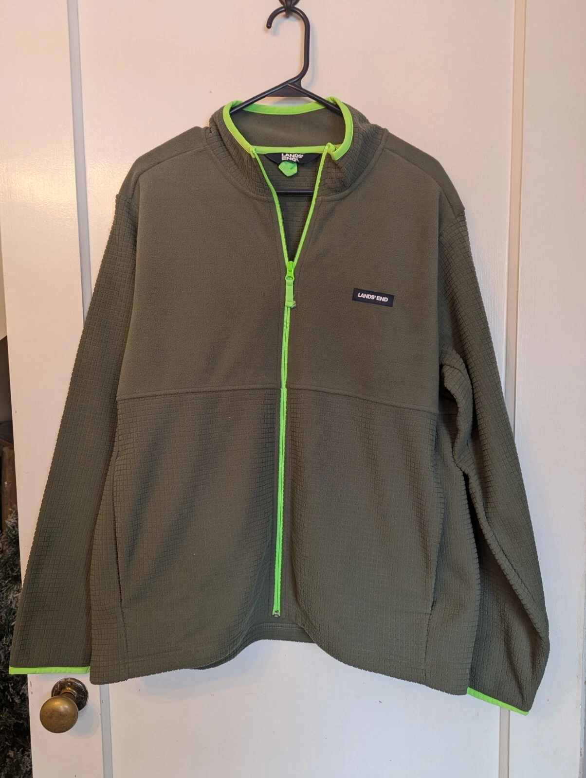 Lands End Beetle Green Grid Fleece Full Zip Jacket Sweatshirt Men's Large