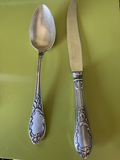 Vintage Russian Melchior Silver Plated Serving Spoon & Knife Set 2 pcs 1980th