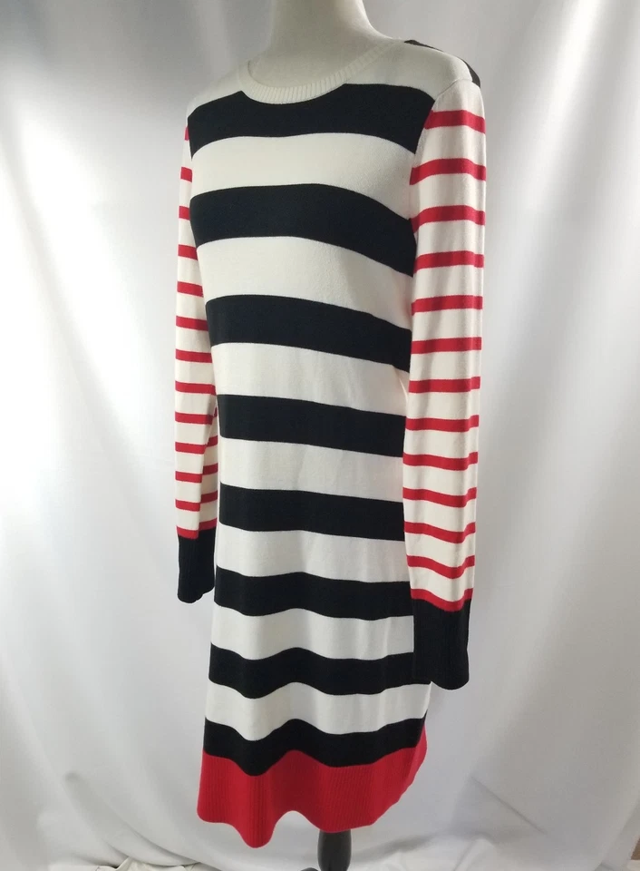 Vestido Vaina Suéter Eliza J Negro Beige Rojo Rayas Manga Larga Talla Mediana Foto 3 de 4