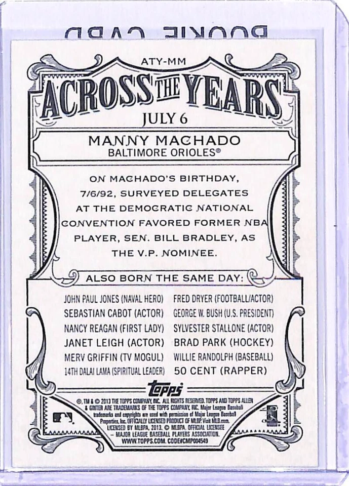 2013 Allen and Ginter Across the Years #MM Manny Machado Baltimore Orioles RC - Image 2 of 2