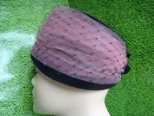Ladies vintage hat black velour pink and black netting Clem's Pottsville PA