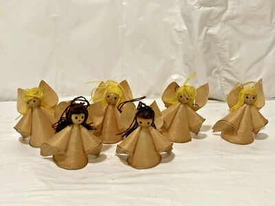 6 Vtg MCM Balsa Wood Angel Figurines Ornament w Yarn Hair Halo Gold Trim