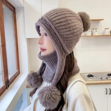 Women Knitted Beanie Bobble Hat with Ear Flap Pom Pom Ski Cap Winter Warm