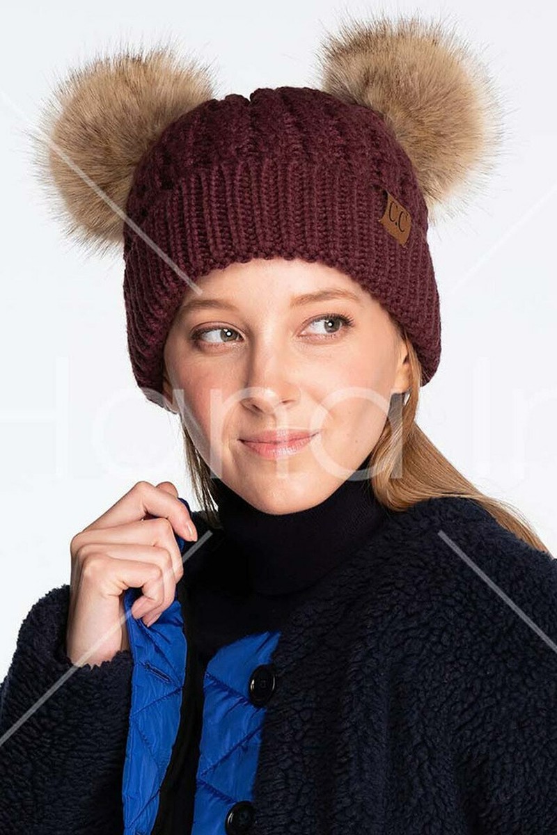 Womens Acrylic Cable Knit Beanie with Pom Poms Ribbed Cuff Warm Stylish Winter Arctic Paw Beanie for Women Womens Winter Hats Cable Knit  main image 4