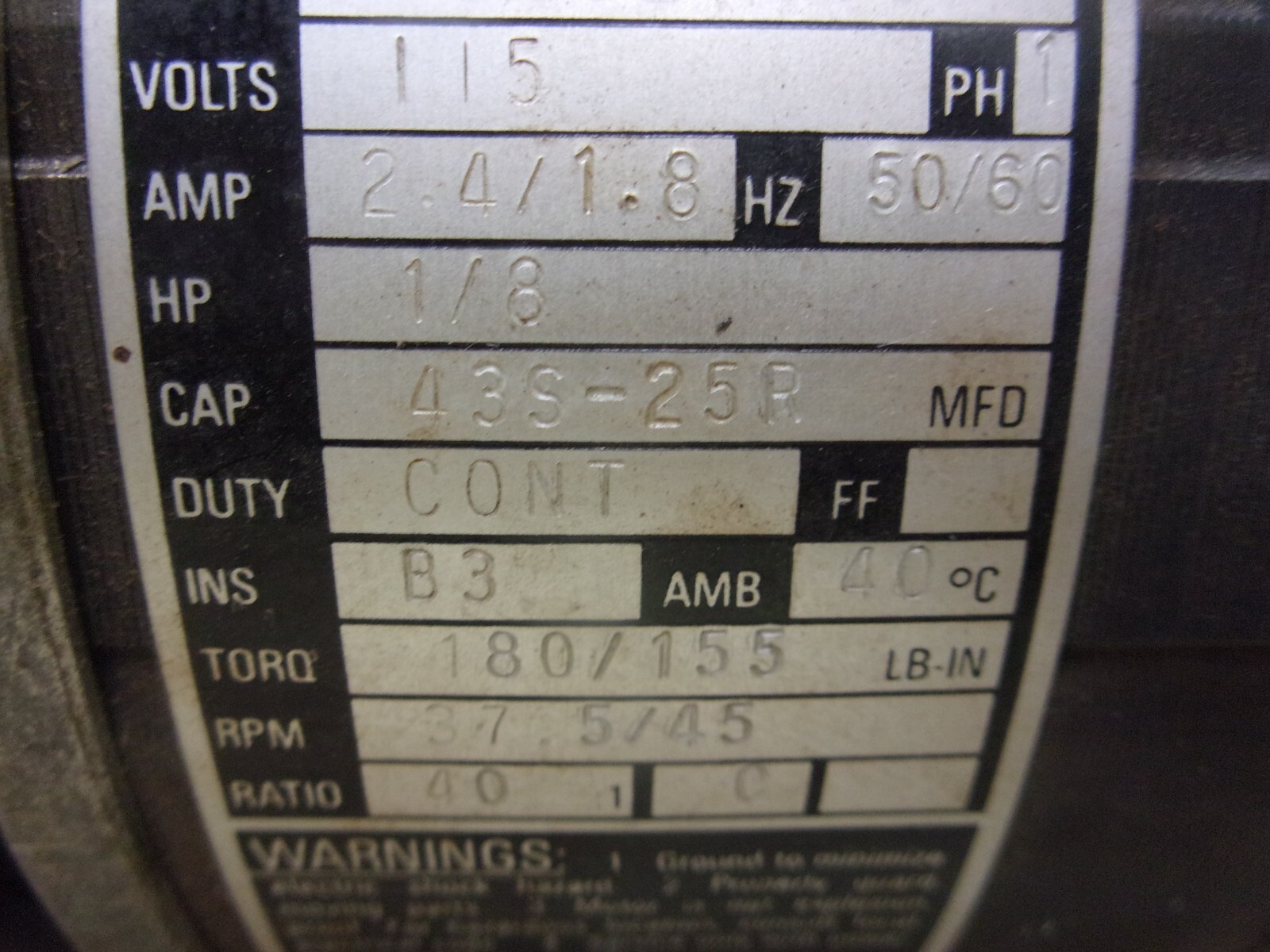 Bodine 44C5BVDY-Y3 Gear Motor 00629010 , 115V , 37.5/45 RPM