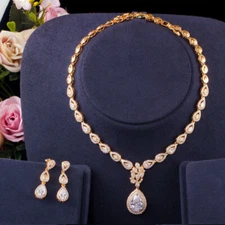 Gold Plated Drop Earrings Necklace Cubic Zirconia Water Drop Wedding Jewelry Set