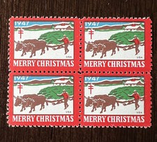 ERROR 1947 CHRISTMAS SEALS BLOCK STAMPS WITH COLOR SHIFT BORDER OVER "1947"