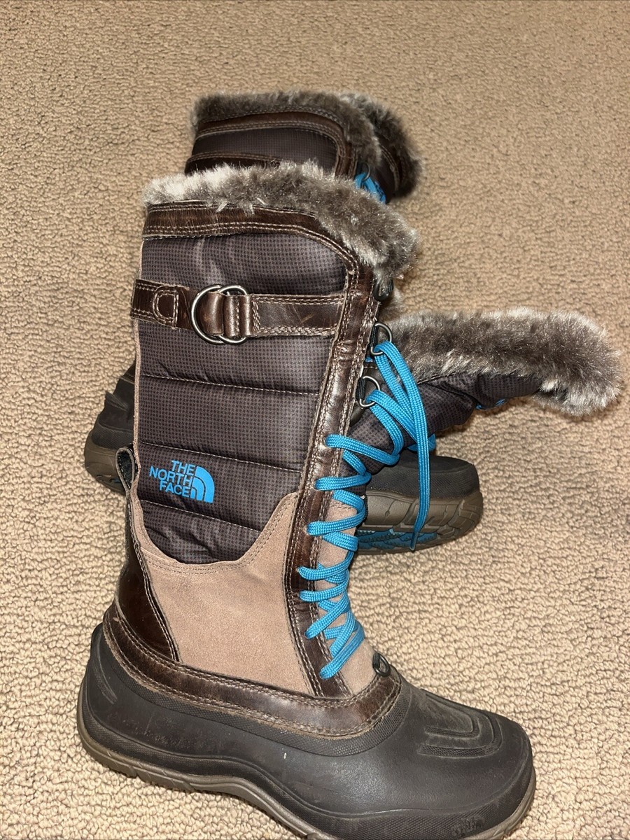 THE NORTH FACE BOOTS Waterproof PRIMALOFT Brown Fur Lining w/ Blue