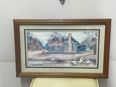 Ava Freeman Framed Litho Print Old Farmhouse with kid feeding Ducks