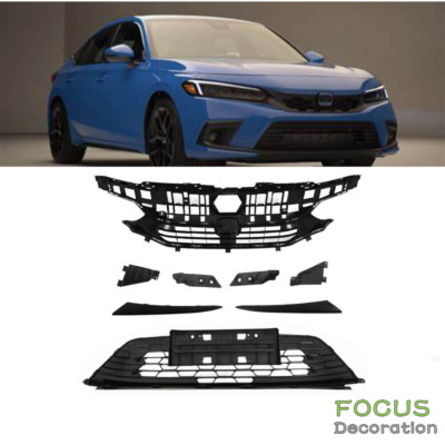 Front Bumper Upper & Lower Grille Set + Headlight Eyelids For 2022-2023 Honda Civic – Gloss Black Mesh