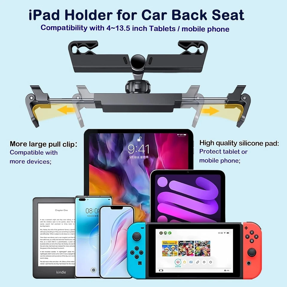 Asiento de Coche Reposacabezas Montaje 360° Tablet iPad Soporte 4.7"-12.9" Universal Niños Adultos Foto 4 de 4