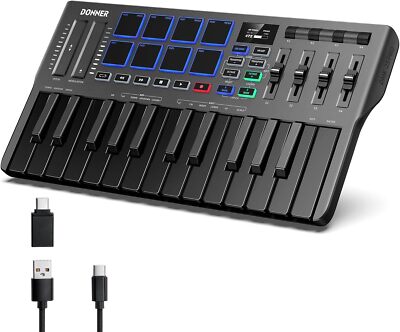   Donner MIDI Keyboard OLED Screen 25 Key 8 Drum Pads Touch Bar DJ Controller