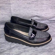 Clarks Sharon Gracie Womens Size 6 Black Leather Tweed Wedge Loafers Shoes