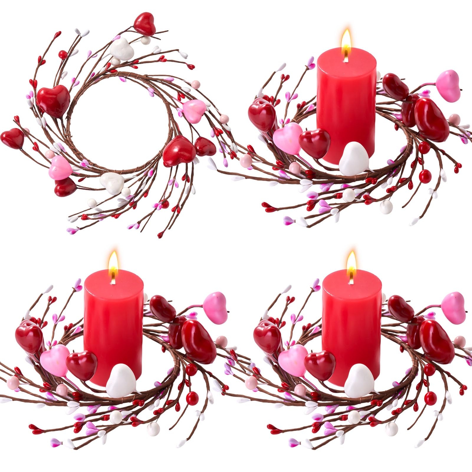 Valentines Day Table Decor 4-Piece Red Heart Candle Rings Set